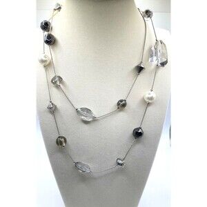 LOFT Silver Tone Faux Pearl, Grey, & Clear Bead Station Necklace Snake Chain 35"